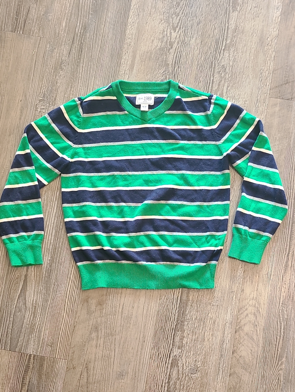The Children's Place Green & Navy Striped Crewneck Sweater Medium 7/8